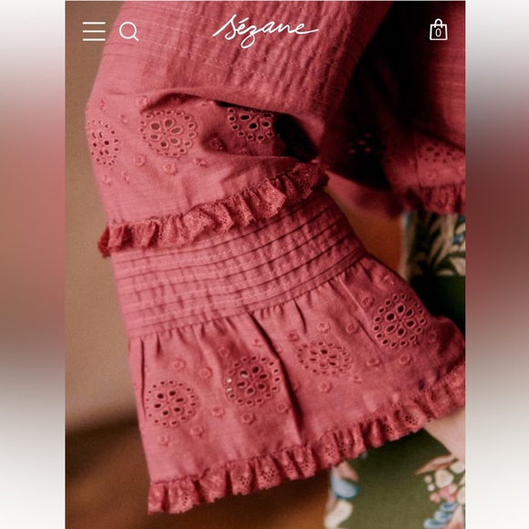 Sezane NELE SHIRT in Rosewood Women's Ruffled Lace Blouse - Picture 7 of 14